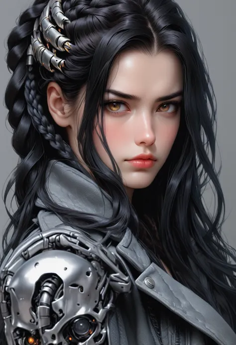 (((( femterminatorcos )))) a beautiful young woman with narrowed eyes, a smirk on her face, and long black braided hair, 1girl, ...