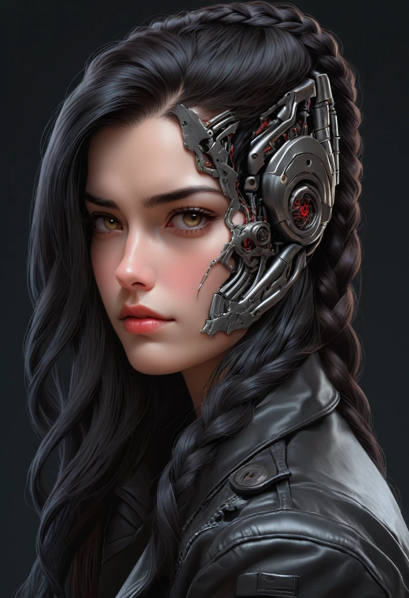 (((( FemTerminatorCos )))) A beautiful young woman with narrowed eyes, a smirk on her face, and long black braided hair, 1girl, detailed facial features, beautiful detailed eyes, beautiful detailed lips, extremely detailed face, long eyelashes, dark braided hair, serious expression, photo-realistic, cinematic lighting, highly detailed, 8k, masterpiece, hyper-realistic, photorealistic, intricate details, dramatic lighting, warm color tones
