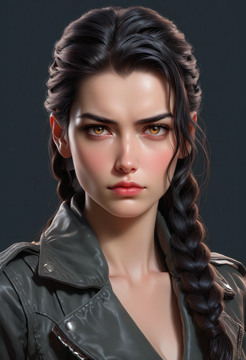 (((( FemTerminatorCos )))) A beautiful young woman with narrowed eyes, a smirk on her face, and long black braided hair, 1girl, detailed facial features, beautiful detailed eyes, beautiful detailed lips, extremely detailed face, long eyelashes, dark braided hair, serious expression, photo-realistic, cinematic lighting, highly detailed, 8k, masterpiece, hyper-realistic, photorealistic, intricate details, dramatic lighting, warm color tones
