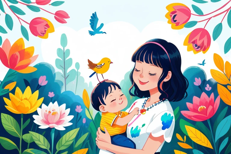 a mother holding a baby, happy face, cute, cute baby, colorful background, paint splash background, disney-like, illustration, modern illustration, colourful artwork, outdoor background, fairytale scenery, dream like, white framing, wide view, cinematic, pastel colors, birds, better face, better fingers, expression, flowers, garden, eyes closed