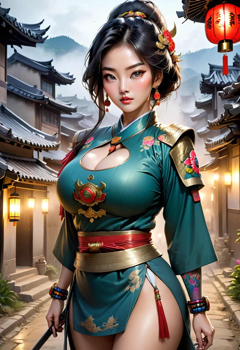 ((masterpiece, best quality, perfect eyes, perfect face, perfect anatomy, highly dramatic picture, cinematic lens effect, exquisite lighting ((feudal Korean village)), ((Busty Bitches)), 1girl(1 milf))) my friend's milf mom doing a photoshoot (powerful influential woman, military stance, General military uniform,  bracelets, tattoo of dragons, colourful jewellery, dark magic, arrogant smile), (Night street in Asian village, bleak mist)