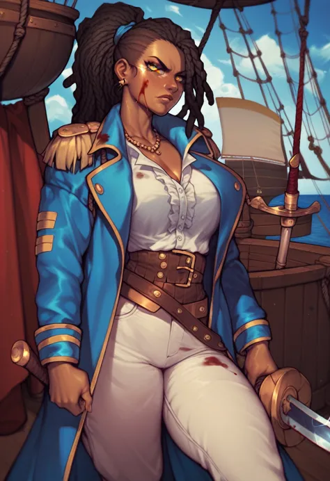 black pirate woman with long dreadlocks tied in a ponytail, yellow eyes clothes covered in blood, blue coat, white pants, white ...