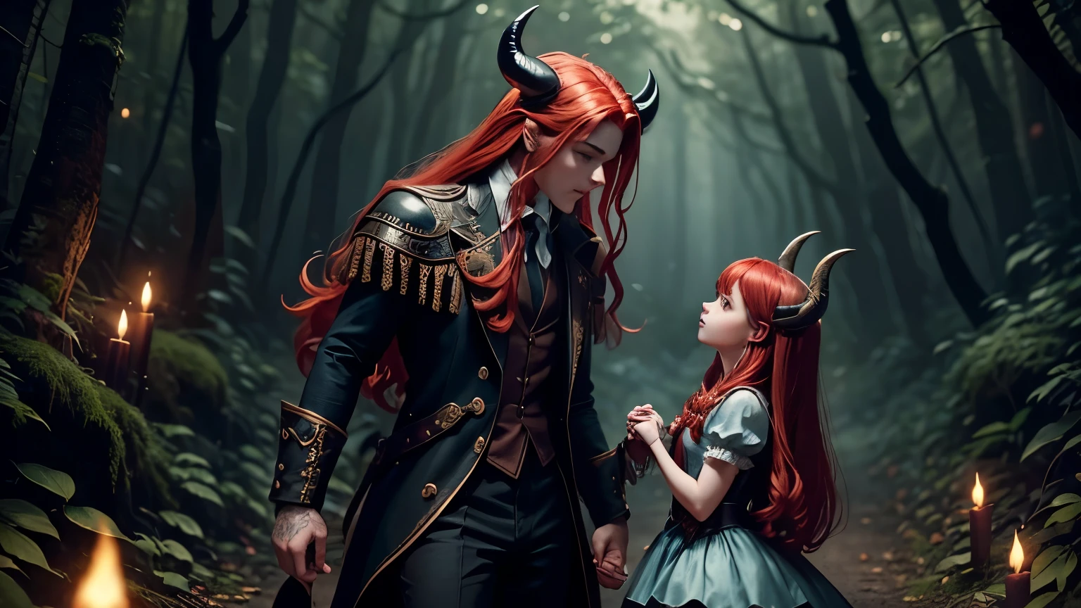 A whimsical fantasy scene featuring a boy and girl demons holding hands in a dark, enchanted forest. They have fiery red hair and long, flowing locks, with playful expressions and detailed features. The atmosphere is vibrant yet shadowy, illuminated by magical sparks around their hands. Their outfits are dark-toned, adorned with intricate accessories, and they sport small devil horns and curled tails. The background is mysterious, enhancing the dynamic interaction between them, evoking a sense of wonder and adventure.