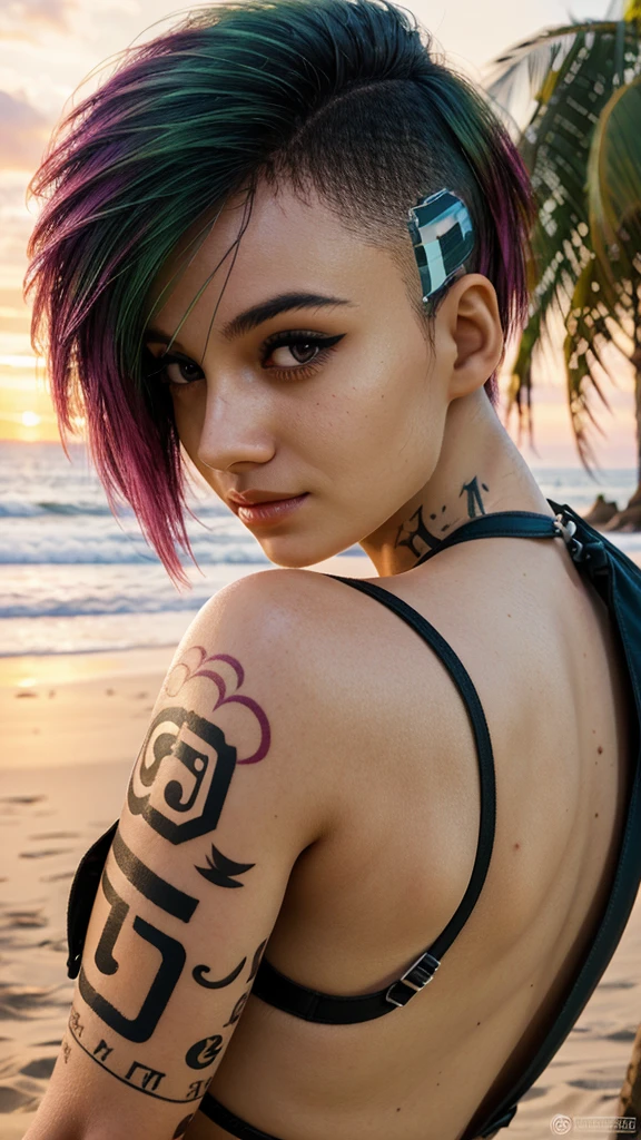 judy alvarez, 1girl, solo, tattoo, short hair, multicolored hair, green hair, arm tattoo, looking at viewer, realistic, undercut, pink hair, two-tone hair, makeup, asymmetrical hair, eye makeup, brown eyes, BREAK
level_9, level_8_up, level_7_up, level_6_up, level_5_up, source_cartoon, masterpiece 
BREAK
outdoor, beach, sunset, ocean, bikini