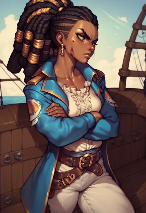 black pirate woman with long dreadlocks tied in a ponytail, yellow eyes clothes covered in blood, small breasts, blue coat, whit...