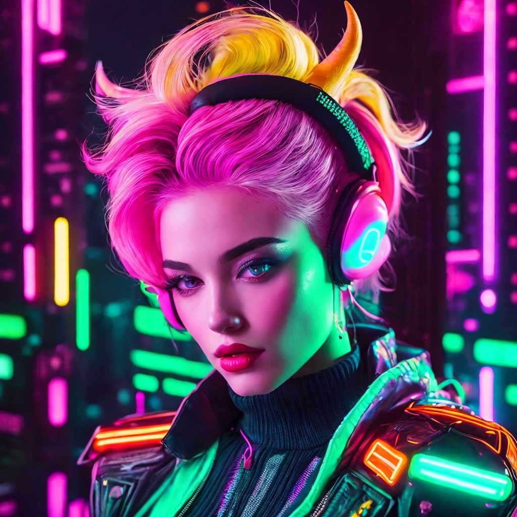 (vaporwave aesthetics:1.8), album cover, music cover, blonde with pink hair and a black and white sweater, Red horns on the head, Synthwave, cyberpunk with neon lighting, Cyberpunk atmosphere, with neon lights, Cyberpunk atmosphere, 80s retro, Dreamy girl in cyberpunk style, Neon Purple Light, wear cyberpunk streetwear, Neon lights in the background, cyberpunk aesthetic, Neon light and fantasy, in the aesthetics of cyberpunk, cyberpunk lighting, Trendy neon light, cyberpunk neon lights, pixelart style, The design should have a playful and nostalgic feel.., с винтажной атмосферой 80-х или 90-х годов,