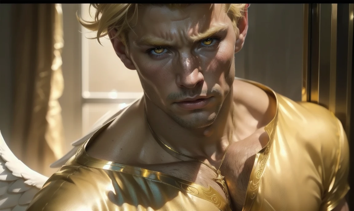 [((highly detailed, detailed eyes, detailed face, clear and realistic facial features, photorealistic, realistic light, cinematic, looking at you)), (1 man), (((((Gorgeous perfect sexy powerful masculine male angel))))), (((he has two grand golden angel wings sprouting out of his back))), ((((short sexy blond hair)))), ((((pale yellow eyes)))), ((3)), ((wearing flattering gold and white clothes)), (((aura of divine power))), standing in a cozy apartment at nighttime, ((light blush)), (((((wearing a clearly indignant expression)))))]