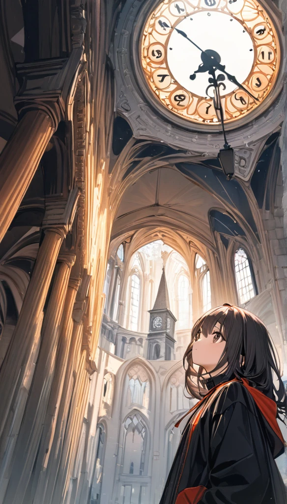 Gothic art、High contrast、(8k, Highest quality)、Ultra-high resolution、adorable、Highest quality, beautiful, Absurd beauty、masterpiece、Best image quality、Clock Tower and Girl Theme、European Landscape、Clock Tower Background、A girl taking a commemorative photo、Looking up from below