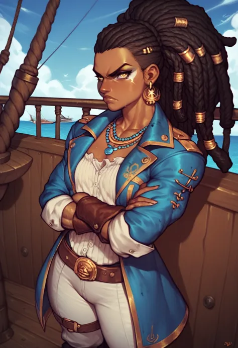 black pirate woman with long dreadlocks tied in a ponytail, muscular body, yellow eyes clothes covered in blood, small breasts, ...