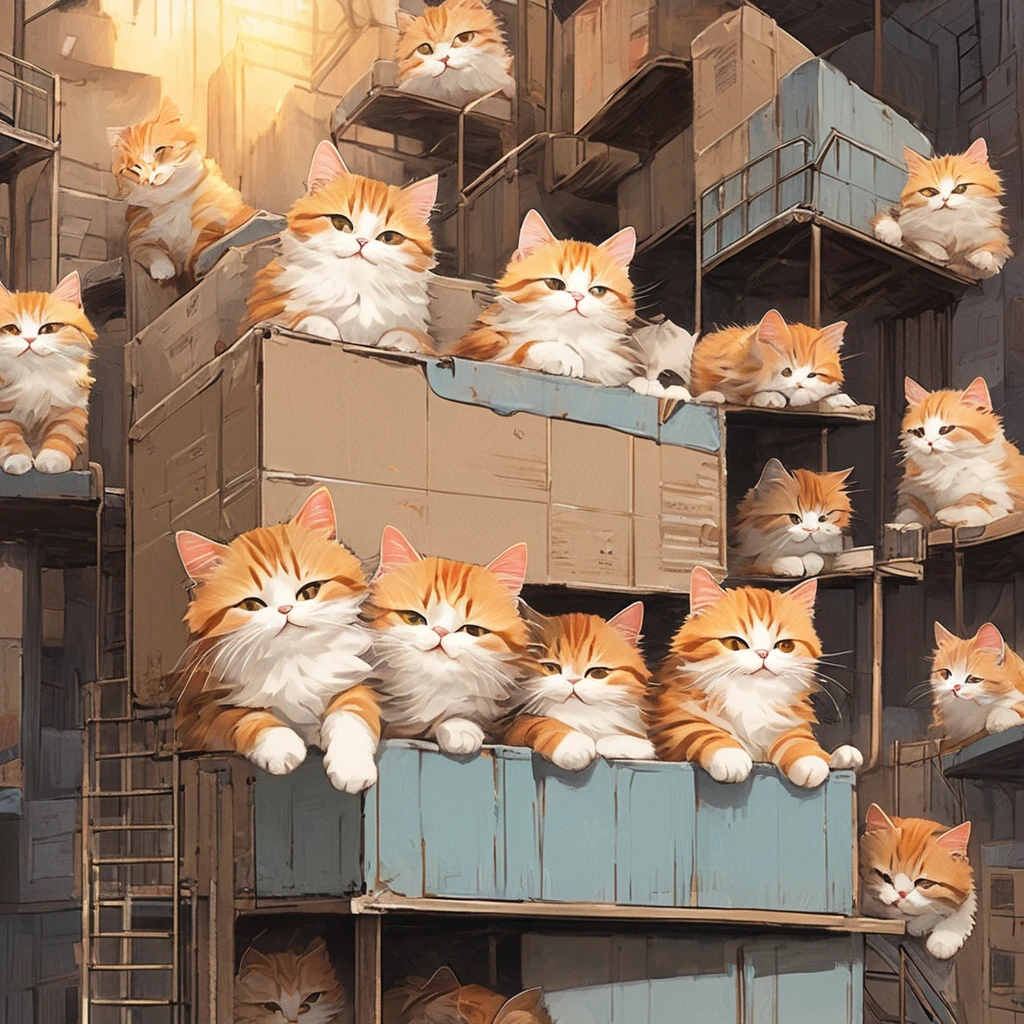 Multiple cats,cute,Fluffy fur,masterpiece,Rich colors,Highest quality,Official Art,Fantasy,colorful,((nothing is placed)),Happy,smile,最高にcute猫,Fluffy cat,happiness,Cat in a cardboard box, Cat climbing up the catwalk, Sleeping cat, Cat on its back, Beautiful light and shadow,