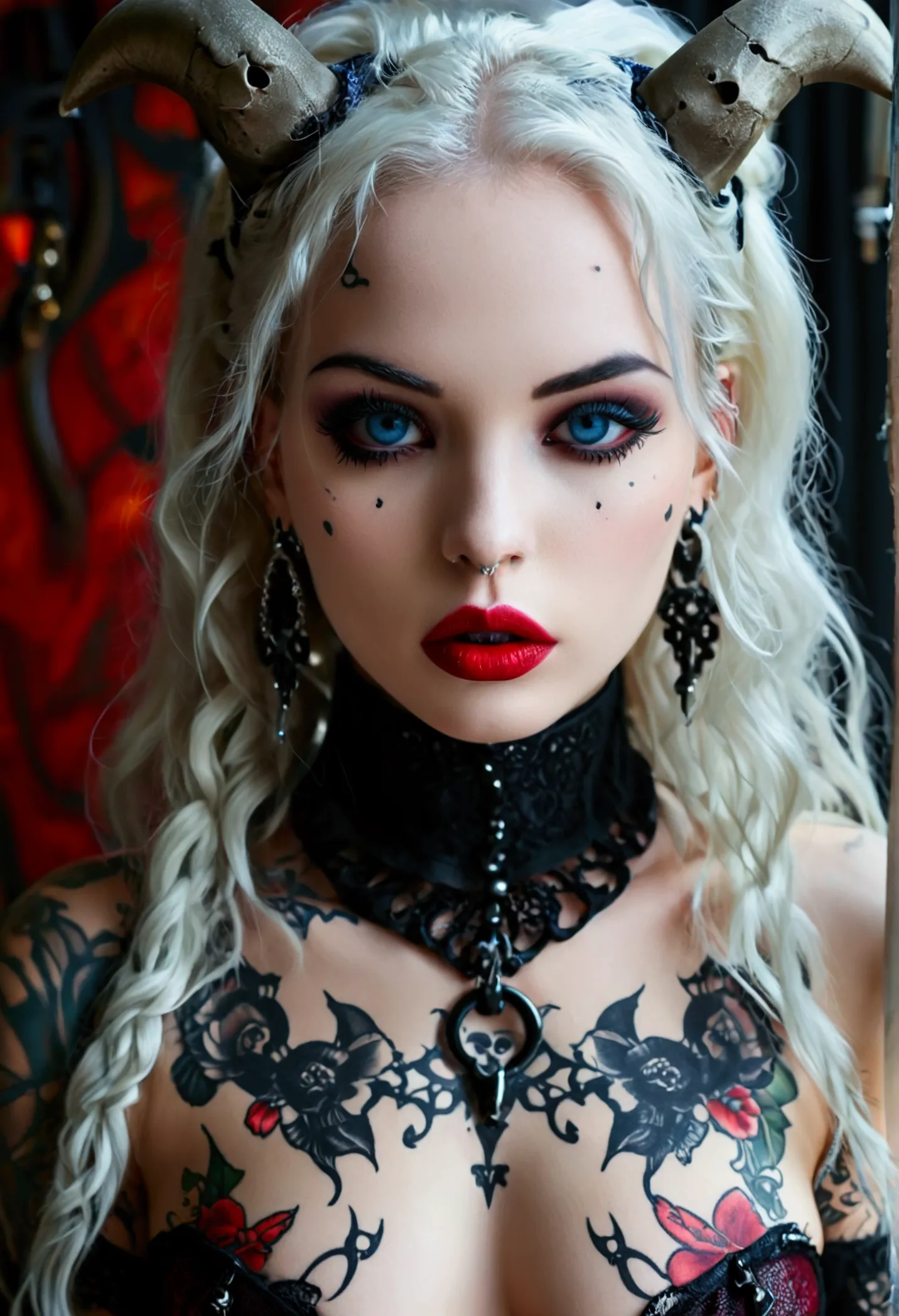 hyper realistic photo perfect goth vampire, sexy seductive facial features, tattooed face, smooth snow white skin, thin curved b...