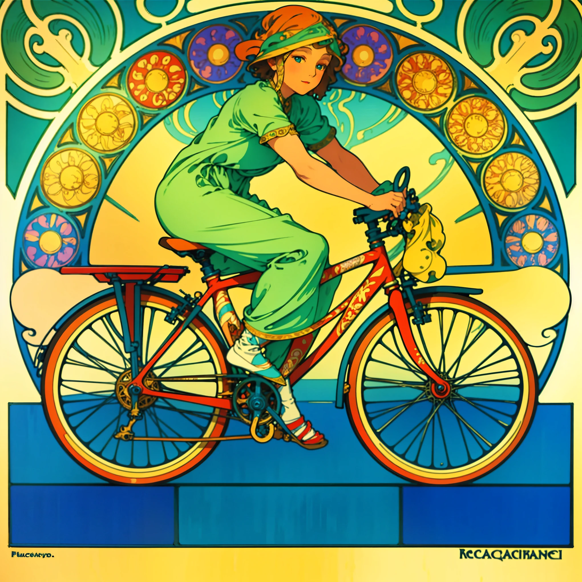 illustration of detailed  (bicycle:1), material, Coloring, art, Beautiful picture, Background adorned with natural ornaments, Colorful colors, Decorated in Art Nouveau style, (Mucha style:1.4), Perfect details, Genuine.