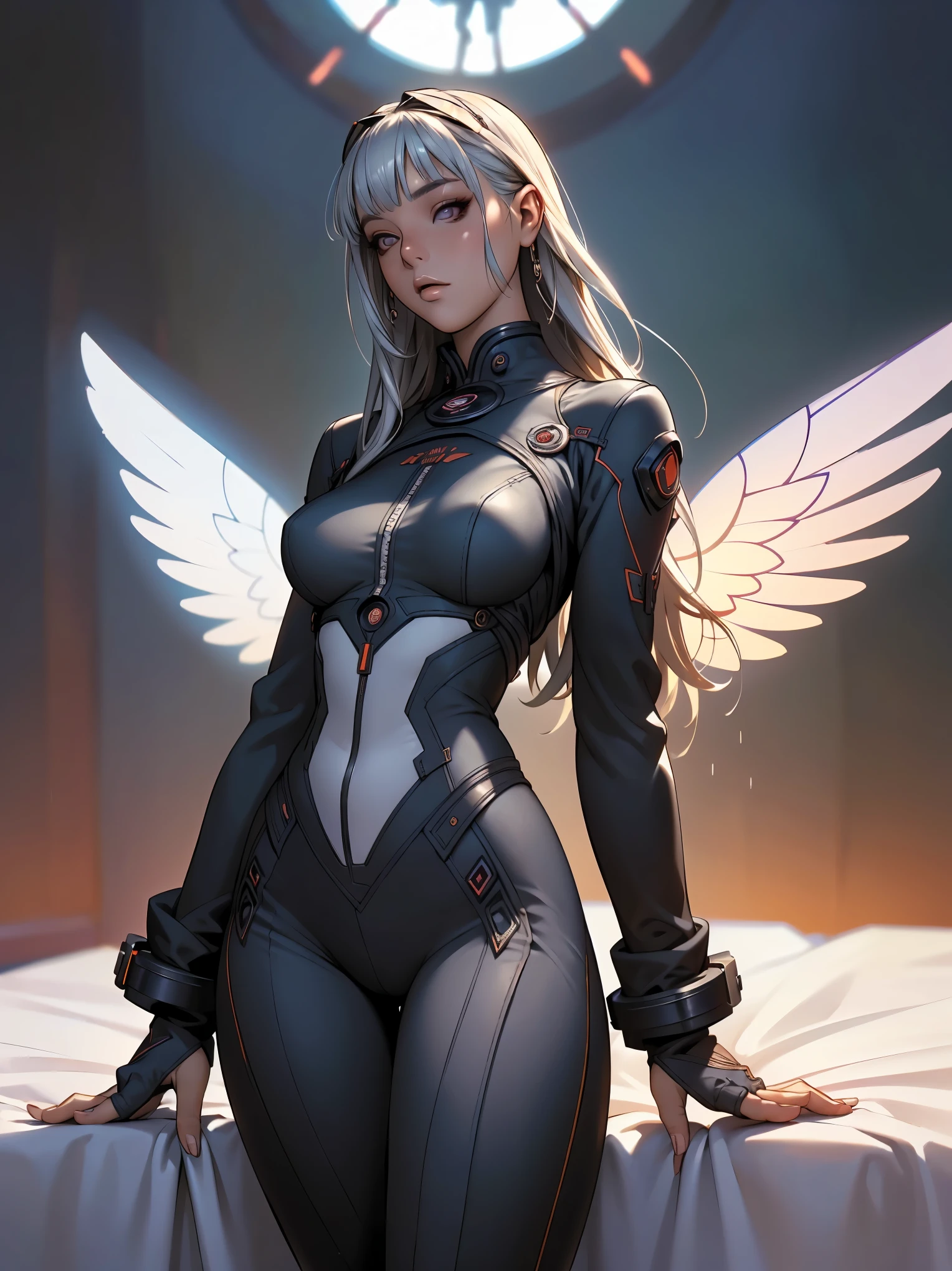 Cyber Angel Sunset,Window Stained with Blooming Mechanical Wings,laser sword,{{sfアーマー}},cyber suit,cyber punk,sf,Cyber Battle Armor,battle dress,'s uniform,pants,'s uniform pretoe,all-body,Height: 168cm,almond forma eyes,{{{{{silver eyes}}}}},{{{{{Blunt bangs}}}}},(tilted eyes},{{sexy all-body butt crack},{{{1 girl}}}, long hair, slickedback hair,{{{{silver hair}}}},{{{Tsurime}}},30 years old,{middle of the chest},{{shrub}},silver eyes,{{{work of art}}}, {{{highest quallity}}}, {{very detailledな}}, {forma}, {{Very delicate and beautiful}},very detailled,Detailed Perfection,hyper detailled,Plump Thighs,big-ass,black clothing, standing in front of the stained glass, dramatic sunset lighting, intrikate details, hyper realist, (best qualityer,ultra high resolution,work of art:1.2),ultra detali,(ultra realistic,photorrealistic profissional,photorrealistic:1.37),cinematic lighting,warm colours,volumetric lighting,beautiful detailed eyes,beautiful detailed lips,extreme detailed face,long eyelashes,(intrikate,ornated:1.2),chic,sophisticated,temperamental atmosphere,atmospheric, full body view, highy detailed, ultra-realistic, details Intricate, ((work of art,best qualityer)), ((cinematic light)), hyperrealisti, frightful, ダークファンタジー , detailed armor, capacete detalhado, realistic epic, missing, ((Neutral Colors)), (HDR:1.5), (subdued colors:1.2), hyper detailled, (Art Station:1.5), warm lights, Efeito de Luz, Dramatic light, (details Intricate:1.1), complex background, (Greg Rutkowski:0.8), (teal and orange:0.4), (Snow-Cold Whirlwind Lightning),(insano irrealengine5,epic masterpiece,max best qualityer, ultra-high definition XT3 ultra-high resolution),ultra detali,ultra sharp focus, Varia,multi, etc.. --v 6 --s 1000 --c 20 --q 500 --chaos 100