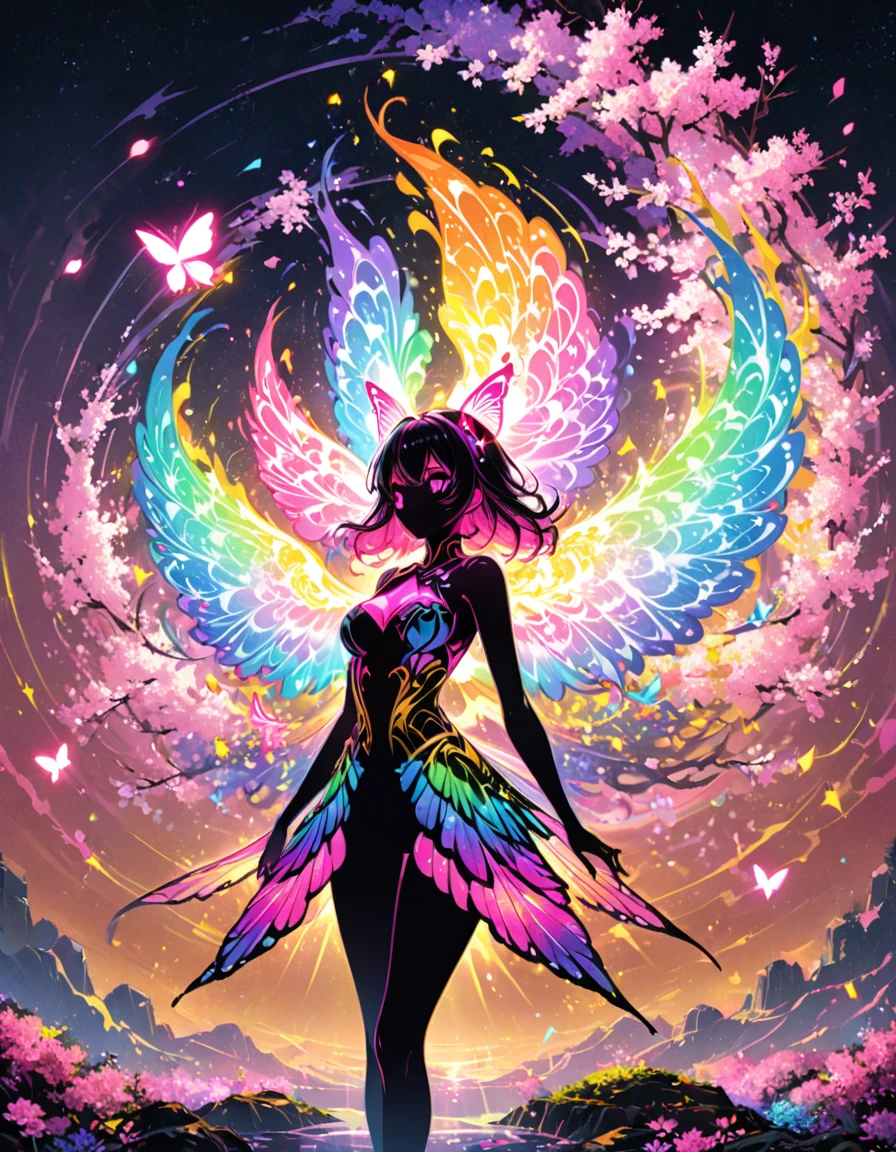 detailed textures, high quality, high resolution, high accuracy, realism, color correction, correct lighting settings, harmonious composition. Pink and gold glittery background, a symmetrical illustration of a silhouette standing under a cherry blossom tree with large pink butterfly wings in the style of anime tarot card art in the style of colorful, colorful sparkles flying everywhere, a magical, dreamy glow effect, glowing lights, vibrant colors of pink, black, yellow, white, purple, red, orange, and blue. --ar 3:4 --niji 6