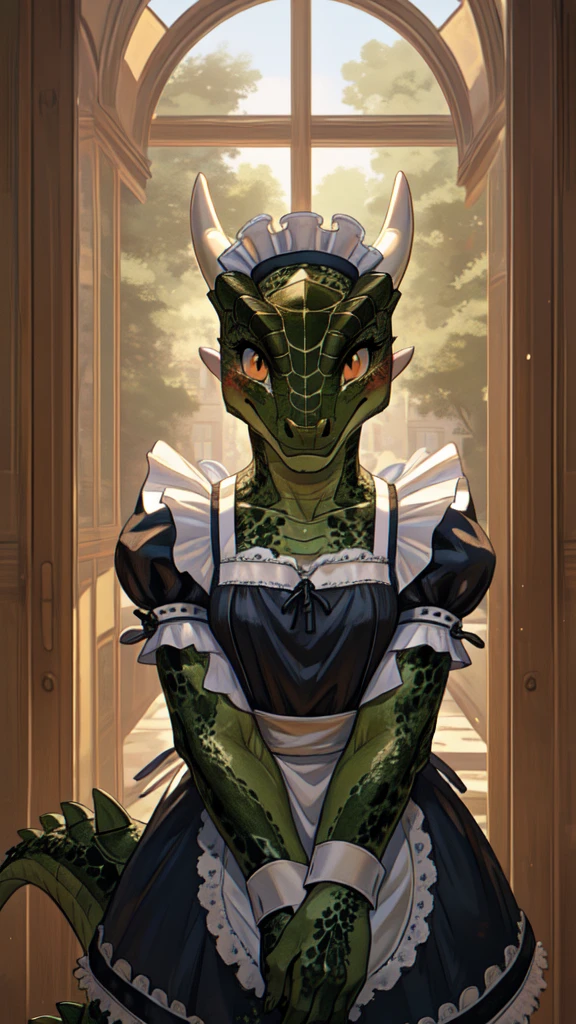 anime, hdr, soft light, ((best quality)), ((masterpiece)), (detailed), lustyargonian, maid, colored skin, green skin, maid headdress, tail, horns, (scales:1.2), (snout, animal nose:1.1), blush, embarrassed, (looking at viewer:1.1), cowboy shot,  captivating pose, mansion, nsfw, partial nudity