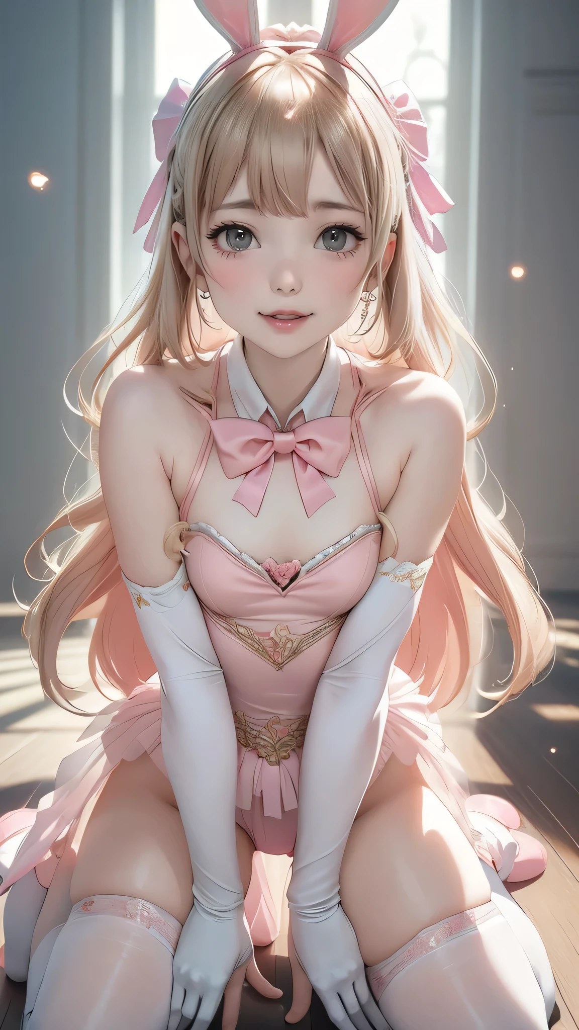 masterpiece, best quality, extremely detailed CG unity 8k wallpaper, (Upper Body head close-up shot of a beautiful little girl), Wendy, Elegant Long straight blonde hair, (Mckenna Grace), ((flat chest,thighs)), ((pink-Cyan)) golden ((Glittering tutu,long Bunny Ear Headgear, glove, Bow-tie, zettai ryouiki)), ((Kneel,all fours,from below)), (Blush), oil skin, (seductive smile), (Wonderland), pretty face, key art, award winning, intricate detail realism hdr, by (ruan jia and artgerm and range murata), Photorealism, Hyperrealism, ultra realistic, dramatic light, intense shadows, gorgeous view, depth of field