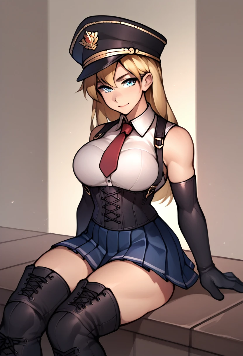 score_5_up, score_6_up, score_7_up,
1girl, solo, sitting, breasts, wearing (white sleeveless shirt, red necktie, black knee_boots, elbow gloves, corset, pleated_skirt, suspenders), military_hat, blonde hair, blue eyes