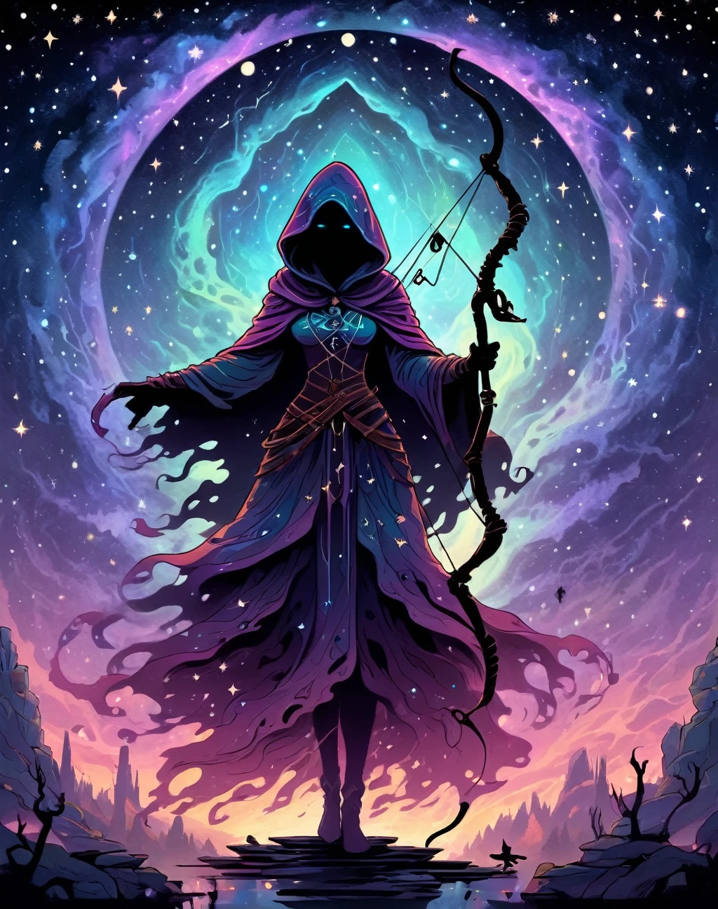 shadow silhouette,  8K, HD, gloomy colors, dark aura, horror, cartoon style, flat, ground spirit, ranger,  holding a bow and wearing a hood, at a shrine, celestial dreamscape where a goddess-like figure is surrounded by swirling galaxies and constellations, her presence illuminating the cosmic expanse with radiant elegance