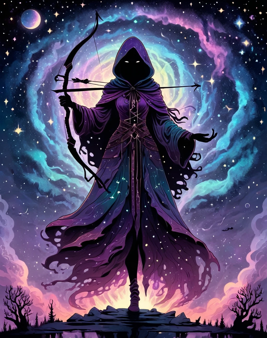 shadow silhouette,  8K, HD, gloomy colors, dark aura, horror, cartoon style, flat, ground spirit, ranger,  holding a bow and wearing a hood, at a shrine, celestial dreamscape where a goddess-like figure is surrounded by swirling galaxies and constellations, her presence illuminating the cosmic expanse with radiant elegance