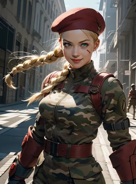 cammy epic cg masterpiece, capcom games「street fighter」than, cammy, cammy white (character name), red beret, camouflage face pai...