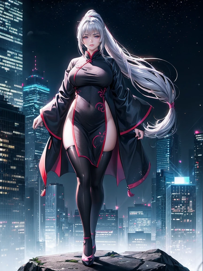 cheered up, (artwork, Best Quality, ultra detailed, high contrast), 1 woman (Alone, whole body, plus size body, standing on the edge of the skyscraper, silver hair, LONG In a ponytail, Red eyes, perfect eyes ruby shines, (simple black qipao, black cyber with neon pink), black sheer socks), (skyscraper roof, overlooking a city, detailed background ((evening, darkness, low light pollution)))