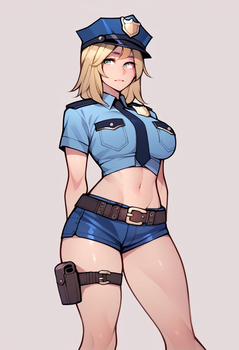 score_5_up,score_6_up,score_7_up,
 1girl, solo, wearing (police uniform, police cap, shorts, belt, holster), medium hair, blonde hair