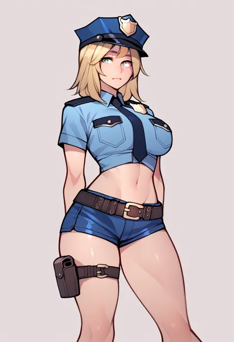 score_5_up,score_6_up,score_7_up,
 1girl, solo, wearing (police uniform, police cap, shorts, belt, holster), medium hair, blonde...