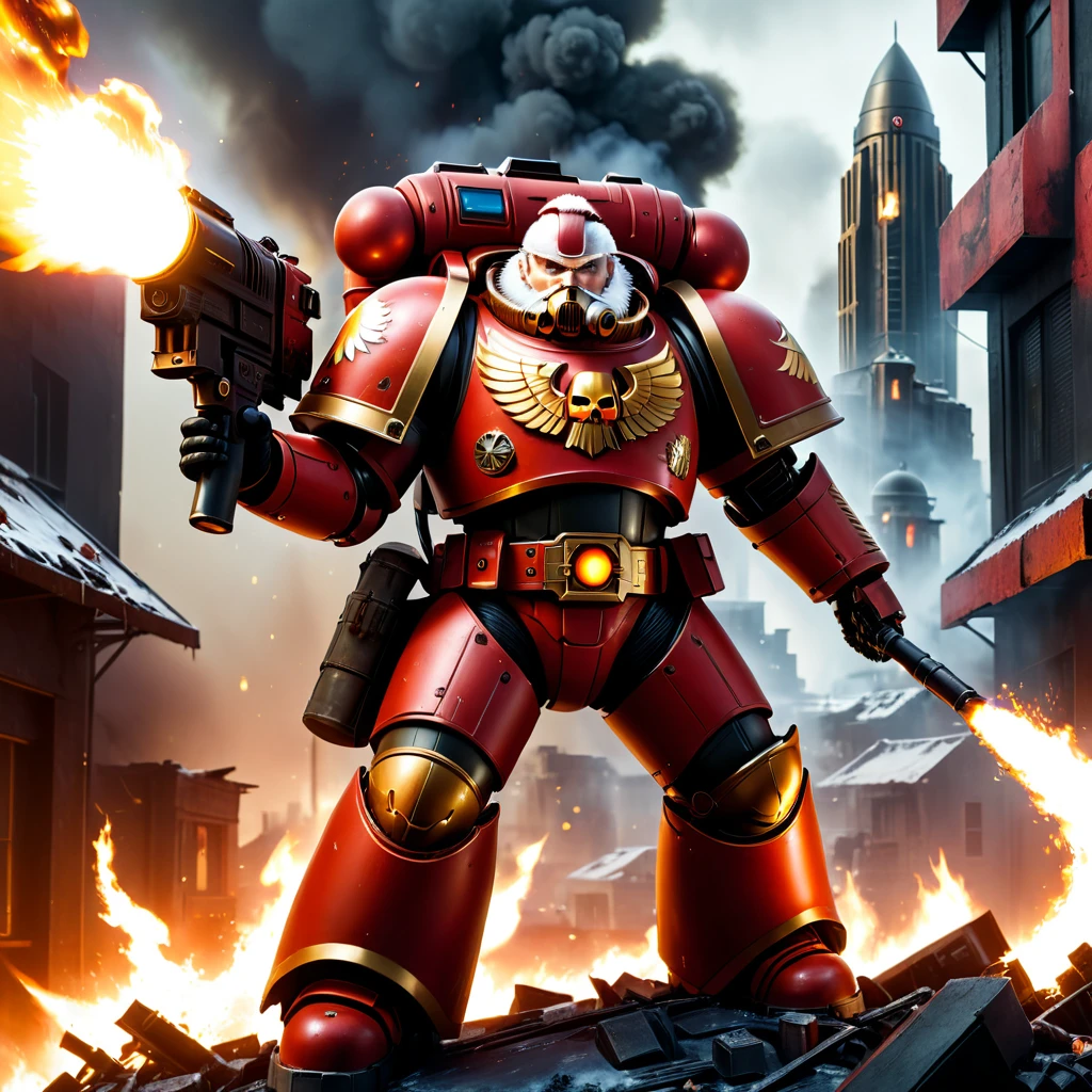 Warhammer 40K Universe，Santa Claus，Red and Gold Armor Mechanical Suit，in the hands of a flamethrower spews fire，Tense, war-like situation，Destroyed buildings and flames，The background is a futuristic cityscape.，santa hat，harsh and threatening atmosphere，Sci-fi aesthetics of cyberpunk，High contrast and desaturated tones，Dramatic and dynamic quality of the lighting effect,4K,a high resolution,masterpiece:1.2),ultra detailed,(realistic,photorealistic,photo-realistic:1.37)