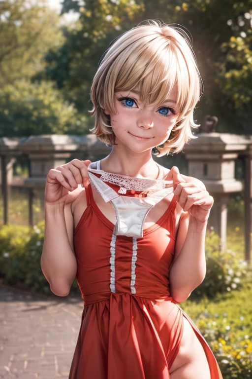 1 female，5 years，， ，One, (background：City Park，Bright Park, ）, Dynamic Angle, Very detailed, shape, close, straight, Just One Girl, She has blonde hair，（（Chedevr），（Highly detailed CG Unity 8K wallpapers），Highest quality，Cinema Lighting，詳細なbackground，beautiful細部までこだわった目，Excellent students，blue eyes，Holding the wet white panties she just took off，（とても良くてbeautiful），（beautiful and detailed description of the eyes），Very detailed，Chedevr，）），High resolution，Very detailed），My face turned red，smile，Desire for dissatisfaction，Primary school students，（boring：Short sundress）, (naked, beauty, Hilarious, beautiful, Slender body, ) , Revealing panties [[Gentle fingers and hands:0.55]::0.85],(Finger details)))