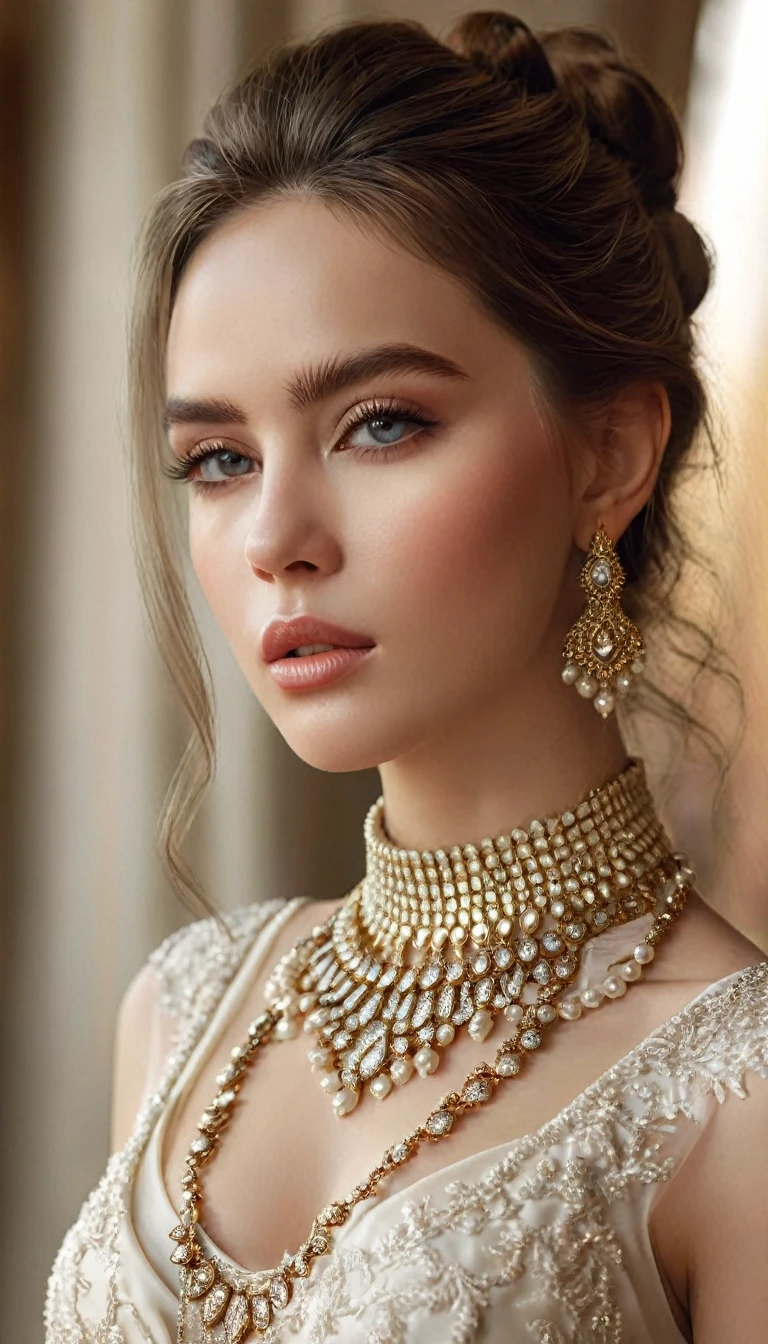 a beautiful woman, detailed face, beautiful eyes, long eyelashes, delicate lips, elegant hairstyle, intricate jewelry, flowing dress, serene expression, natural lighting, warm color tones, detailed skin texture, (best quality,4k,8k,highres,masterpiece:1.2),ultra-detailed,(realistic,photorealistic,photo-realistic:1.37),cinematic lighting,porcelain skin,fantasy portrait,high fashion,editorial style