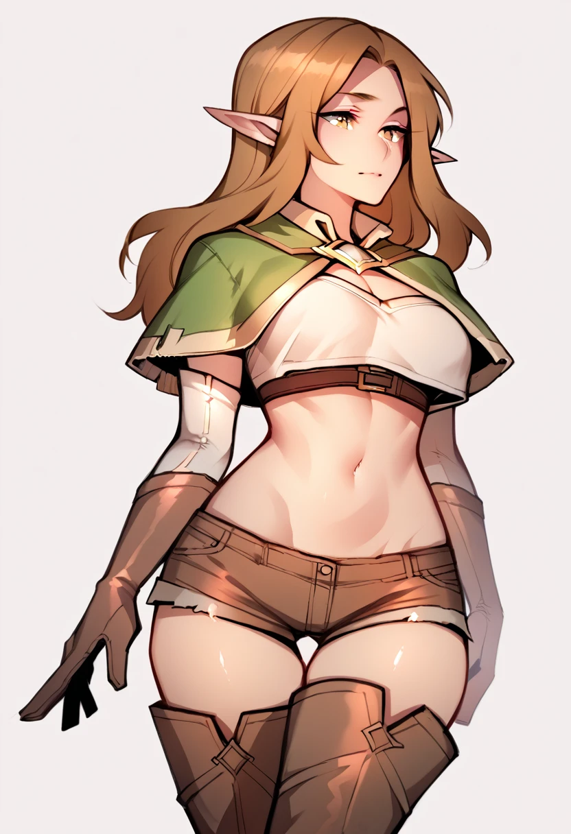 score_5_up,score_6_up,score_7_up,
 1girl, solo, wearing (shorts, crop top, capelet, thigh boots, brown gloves), pointy ears, long hair, breasts, simple background