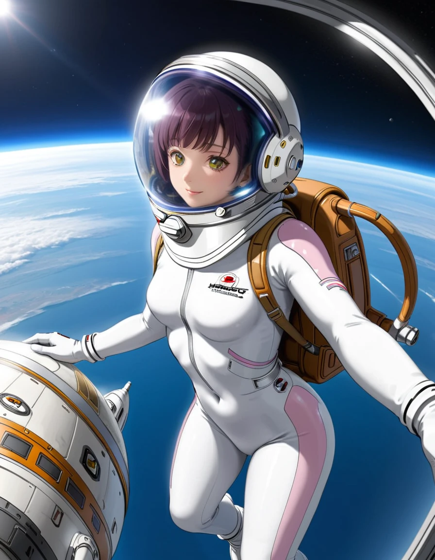 (Spacesuit:1.15), White Cargo Pants, Space Helmet , , Spacewalk, masterpiece, Highest quality, One person, alone, short hair, , , , Bodysuits,Gloss,Backpack\, baburuherumetto, short hair, (Futuristic spaceship:1.6), , smile,Covered navel, short hair, Eli Ase,slim,Small breasts,From above