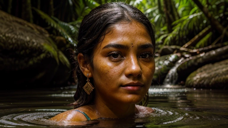 Create a highly realistic and detailed close-up of a South American indigenous woman's face as she bathes in a river. Focus on her facial features, ensuring flawless and lifelike representation, with smooth skin, clear eyes, and natural expressions. The woman should wear traditional attire, including handcrafted jewelry, with details that reflect her cultural heritage. The background should be a subtly blurred dark rainforest, with water gently rippling around her. The lighting should be soft and natural, highlighting her features without creating harsh shadows. Ensure that the image is free of distortions or imperfections, particularly in her face.