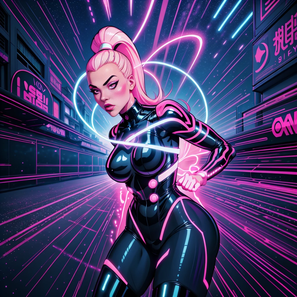 (best quality, masterpiece) scifi, futuristic, raw photo, 1girl with sexy laces clothes, (pink glossy hair) angry look, ultrasharp, (outline contourn) luminous paint, ultrasharp, particles, flares, neon Tokyo street background, many details in an amazing composition