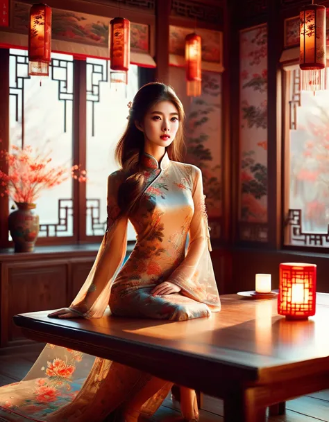 a delicate girl in a chinese-style room, long brown hair, big eyes, wearing a long cheongsam dress, sitting at a wooden table by...