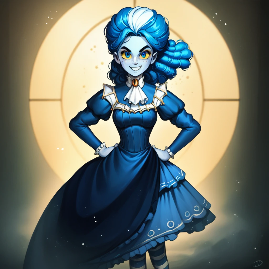 victorianstyle, frankelda, 1girl, solo, dress, striped, blue hair, puffy sleeves, colored skin, freckles, standing, evil smile, look at viewer, hands on hips, glowing blue eyes, yellow sclera, standing in a living room with a spiderweb rosette background, dark ambient, half body view, dust particles floating in the air