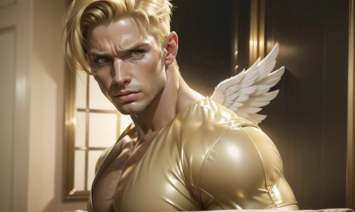 [((highly detailed, detailed eyes, detailed face, clear and realistic facial features, photorealistic, realistic light, cinematic, looking at you)), (1 man), (((((Gorgeous perfect sexy powerful masculine male angel))))), (((he has two grand golden angel wings sprouting out of his back))), ((((short sexy blond hair)))), ((((pale yellow eyes)))), ((3)), ((wearing flattering gold and white clothes)), (((aura of divine power))), standing in a cozy apartment at nighttime, ((light blush)), (((((wearing a clearly indignant expression)))))]