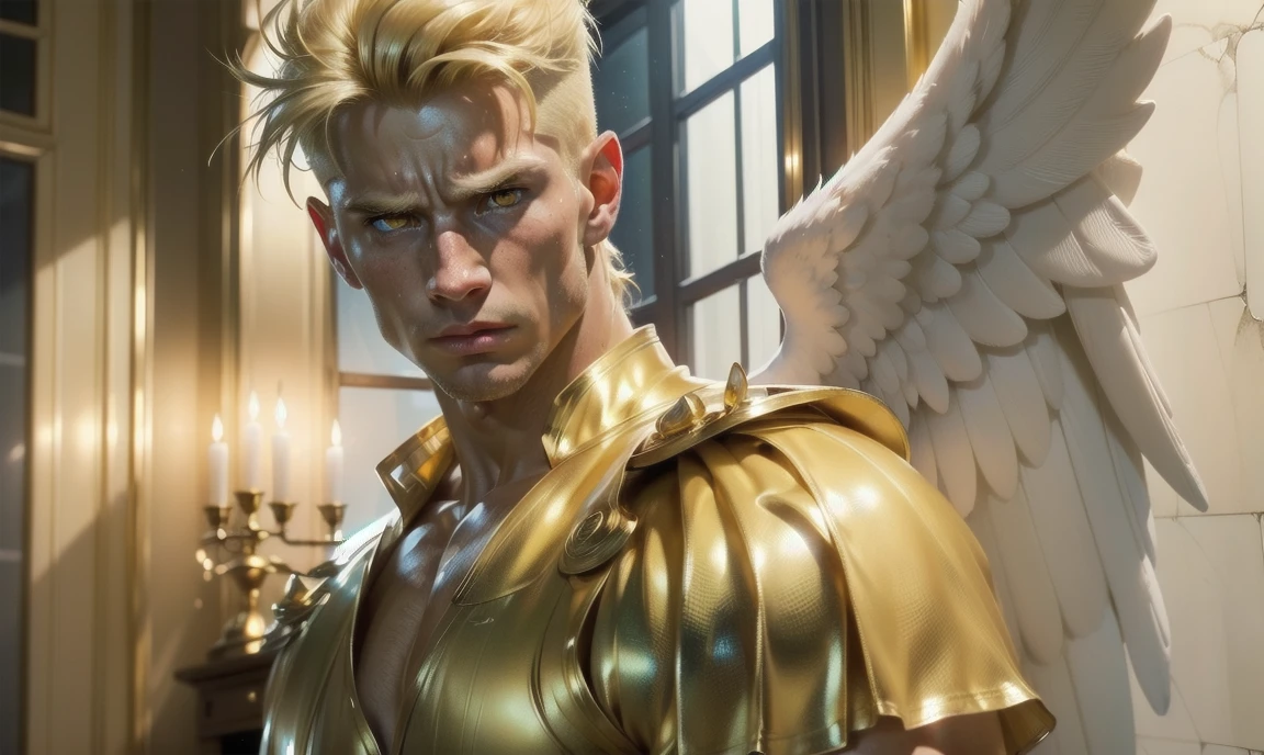 [((highly detailed, detailed eyes, detailed face, clear and realistic facial features, photorealistic, realistic light, cinematic, looking at you)), (1 man), (((((Gorgeous perfect sexy powerful masculine male angel))))), (((he has two grand golden angel wings sprouting out of his back))), ((((short sexy blond hair)))), ((((pale yellow eyes)))), ((3)), ((wearing flattering gold and white clothes)), (((aura of divine power))), standing in a cozy apartment at nighttime, ((light blush)), (((((wearing a clearly indignant expression)))))]