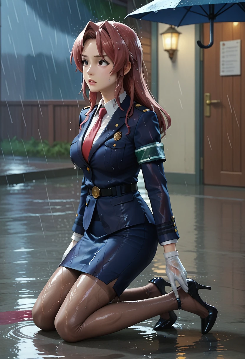 score_7_up, anime screencap,
1girl, solo, 
HarukaUniform, blue jacket, white shirt, red necktie, green armband, white gloves, pencil skirt, blue skirt, brown pantyhose, long sleeves, shiny clothing, thigh gap, cowboy shot, high heels, glossy clothing, drenched, soaked through
outside, raining, soaked, wet, wet clothing, pinup pose, sexy, water droplets, front side view, kneeling,