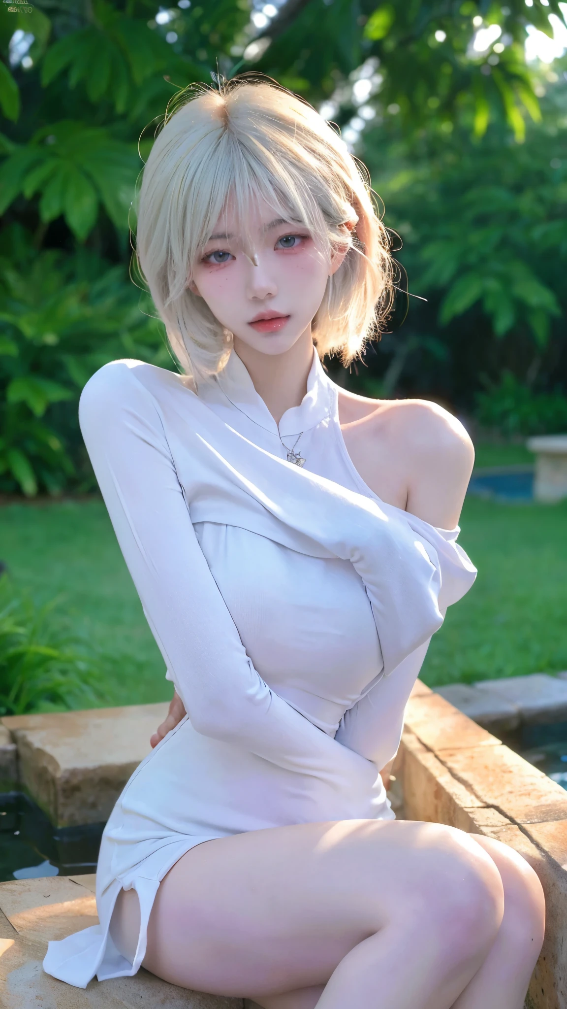 Beautiful woman with perfect figure:1.4，4K，Yoga background，Ultra-high resolution，Seductive laughter，White Legs，(Lifelike:1.4)，Layered hairstyle，White skin，Yoga Clothing，whole body，Very delicate face and skin texture，Double eyelids，Skin Whitening，White hair，