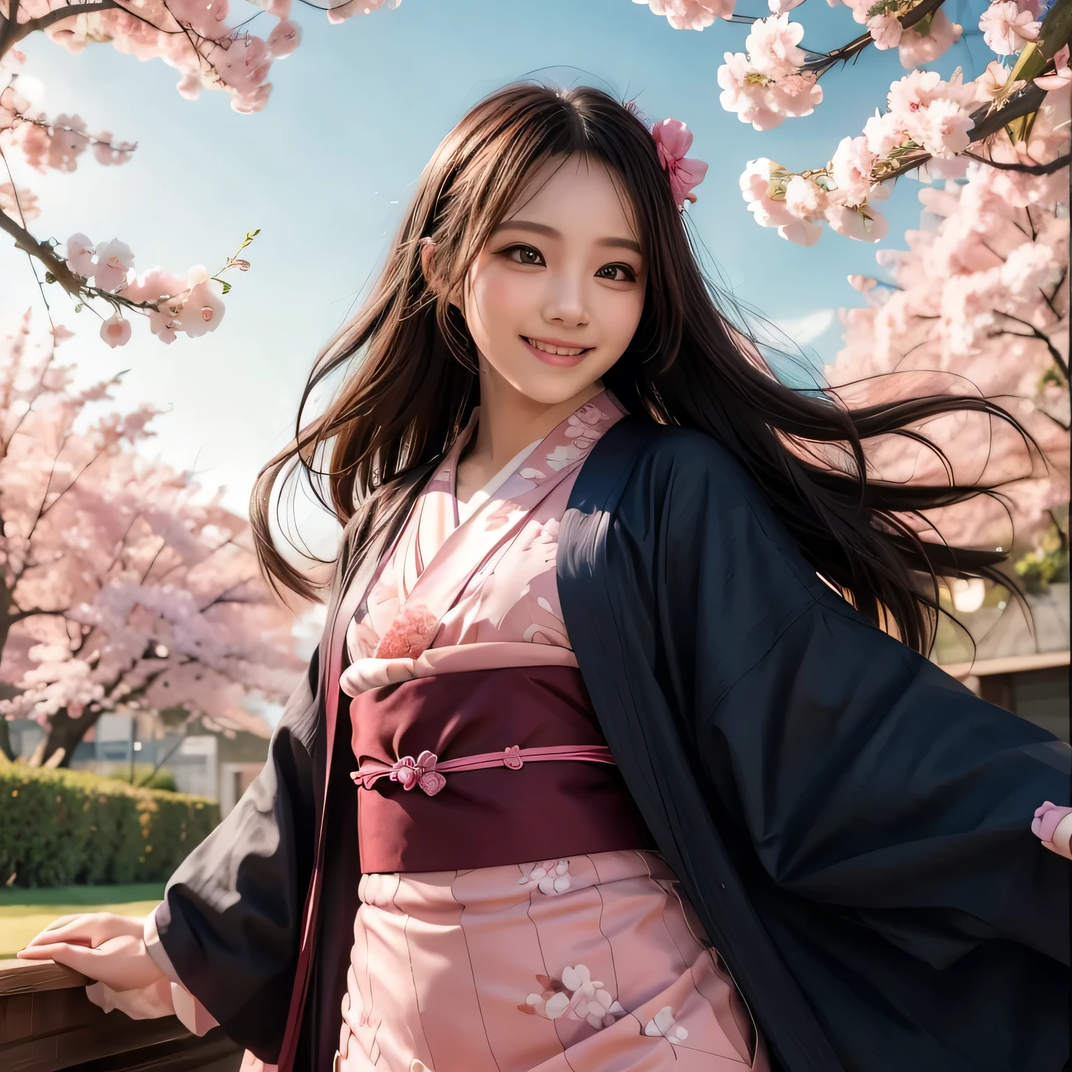 Pink kimono, Masterpiece, best quality, CG, wallpaper, HDR, high quality, high-definition, extremely detailed, looking at viewer, smile, cute girl, ultra realistic, ultra detail, 70 mm lens