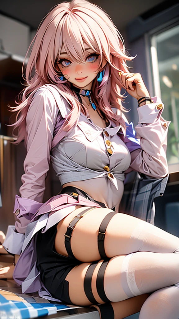 march 7th, march 7th (honkai: star rail), multicolored eyes, blue eyes, BREAK, pink hair, fluffy hair, long locks, choker, sitting on bed, smile, blush, (underwear, bra, thong:1.1) Very big breasts, Big ass, sexy