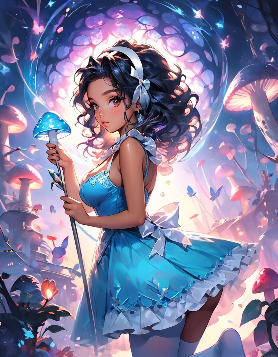 a beautiful 20 year old black woman with big messy hair in a blue dress, white stockings, black headband, cleavage, holding a glowing mushroom, fantasy art style, rossdraws cartoon vibrant, alice x. zhang, alice in wonderland cyberpunk, cute detailed digital art, colorfull digital fantasy art, digital fantasy art ), glossy digital painting, rossdraws pastel vibrant, rossdraws 2. 5, rossdraws 1. 0