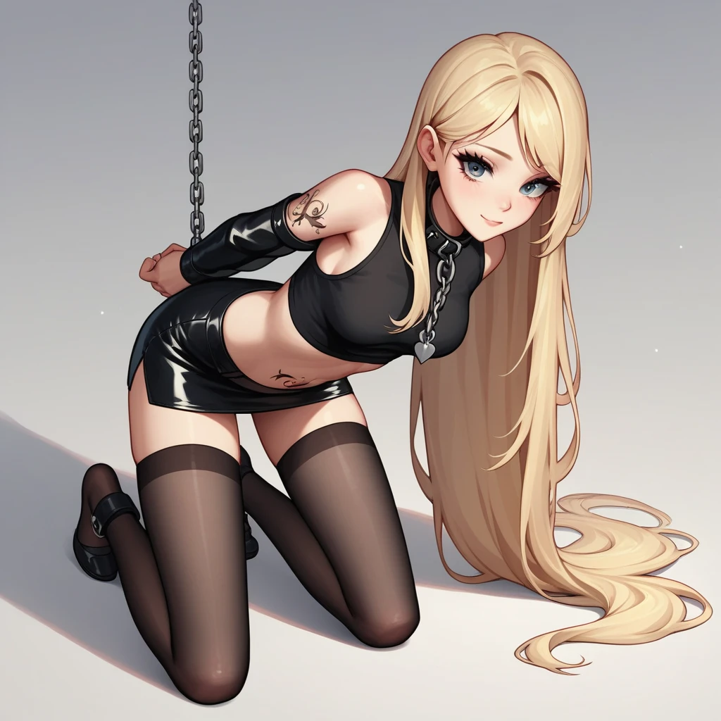 black pencil skirt, black long sleeve top, only the navel,Put your hands behind your back,restraints, blonde hair, Very long hair, straight hair, Cute, slender body, thin legs, Black thigh high stockings, Nylon stockings, hands in black leather handcuffs, hands, connected in a chain, amrs togather, masochistic, whole body, on the knees, leather handcuffs, calf tattoo, large collar around the neck, 18 years, long eyelashes, mascara, cute face, bent over, top down bottom up, arms behind back, kneeling, submissive look 