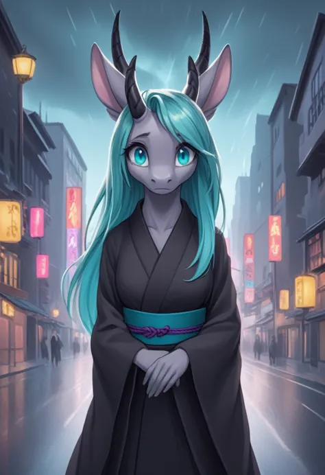 an alluring anthro dragon female, black scales, four aqua eyes, long ears, asphalt-colored hair, long hair, a black curved unico...