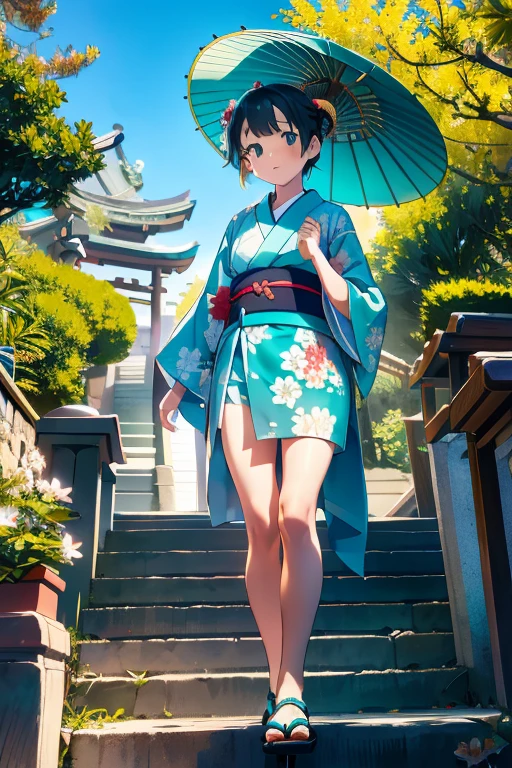 Very , alone, From below, (White lily flower), beautiful, Complex, Very short stature，Highest quality, Detailed Background, ((girl wearing a patterned teal 着物:1.2)), (Walking through a Zen garden), カジュアルなPause, Detailed Texture, Pause, Floral print，cute loincloth，Hair Flower, hair ornaments, kimono, Short kimono, Outdoor, Pagoda, petal, (Short teal kimono), sash, shrine, null, Stone stairs, torii, Wide sleeves, Short yukata，