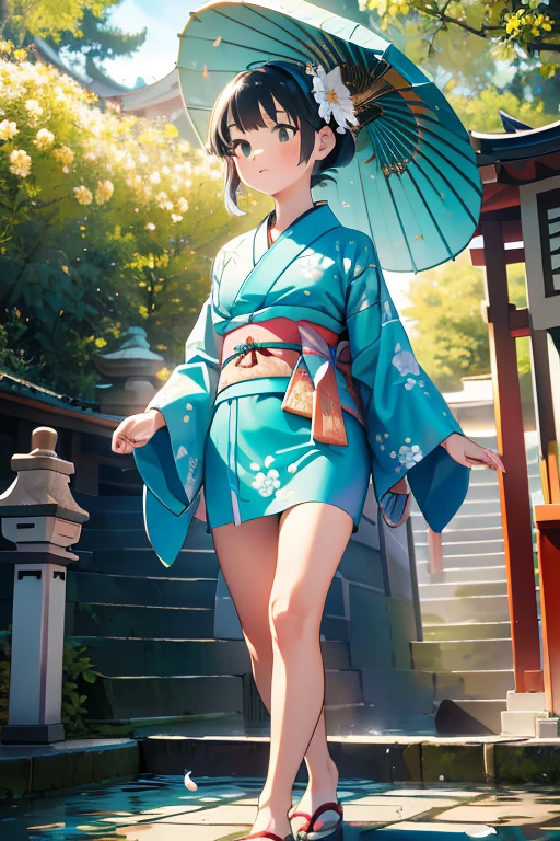 Very , alone, From below, (White lily flower), beautiful, Complex, Very short stature，Highest quality, Detailed Background, ((girl wearing a patterned teal 着物:1.2)), (Walking through a Zen garden), カジュアルなPause, Detailed Texture, Pause, Floral print，cute loincloth，Hair Flower, hair ornaments, kimono, Short kimono, Outdoor, Pagoda, petal, (Short teal kimono), sash, shrine, null, Stone stairs, torii, Wide sleeves, Short yukata，