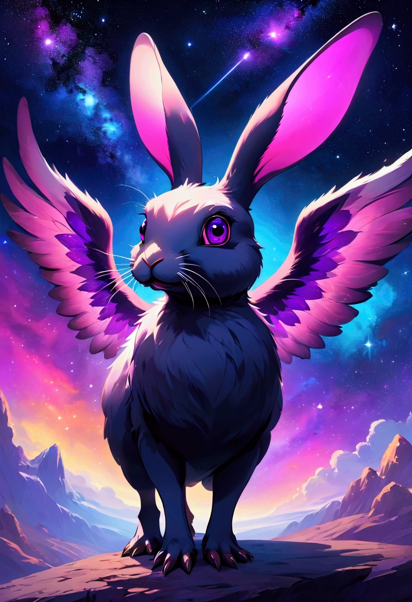 Rabbit with black and purple fur and magenta antlers, staring up at a impossible sky full of nebulas stars and amazing colors, best quality, masterpiece, webbed duck feet, duck wings