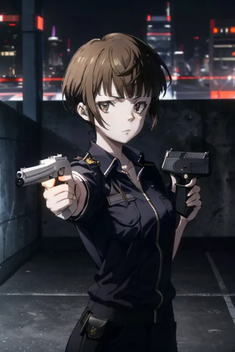 1adult woman,akanetsunemori, ((aiming with handgun pointing with gun at viewer)), police suite,city at night,