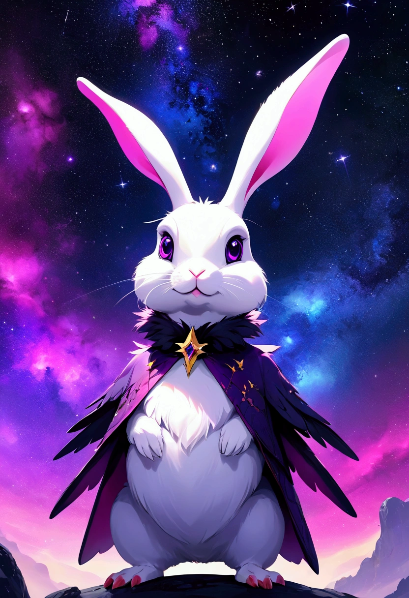 Rabbit with black and purple fur and magenta antlers, staring up at a impossible sky full of nebulas stars and amazing colors, best quality, masterpiece, webbed duck feet, duck wings